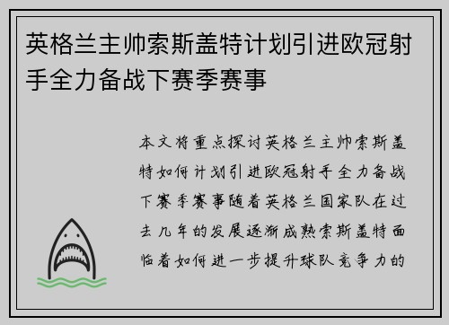 英格兰主帅索斯盖特计划引进欧冠射手全力备战下赛季赛事