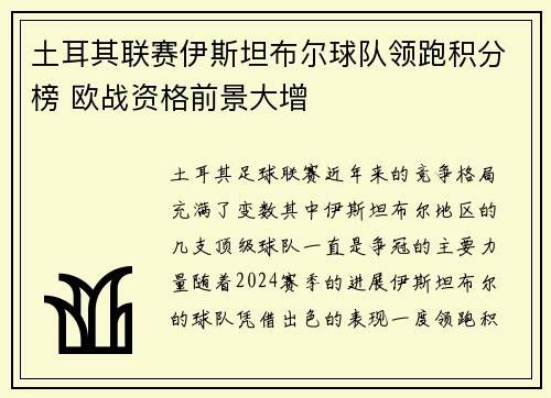 土耳其联赛伊斯坦布尔球队领跑积分榜 欧战资格前景大增