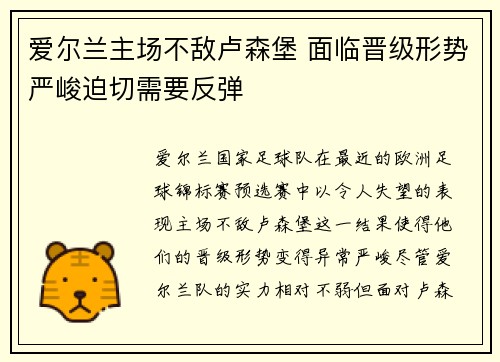 爱尔兰主场不敌卢森堡 面临晋级形势严峻迫切需要反弹