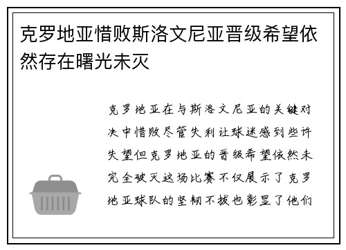 克罗地亚惜败斯洛文尼亚晋级希望依然存在曙光未灭