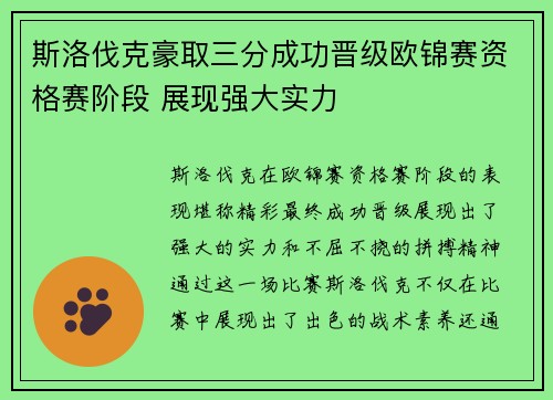 斯洛伐克豪取三分成功晋级欧锦赛资格赛阶段 展现强大实力