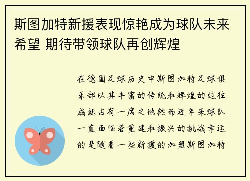斯图加特新援表现惊艳成为球队未来希望 期待带领球队再创辉煌
