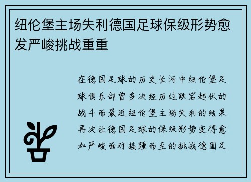 纽伦堡主场失利德国足球保级形势愈发严峻挑战重重