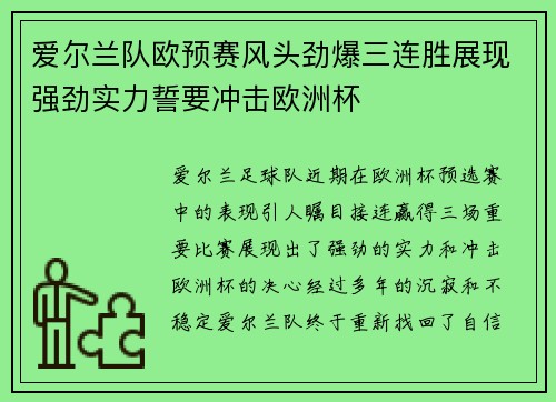 爱尔兰队欧预赛风头劲爆三连胜展现强劲实力誓要冲击欧洲杯